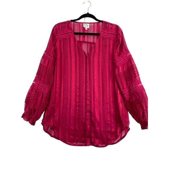 Anthropologie Fly & Flower Sheer Boho Blouse M Red Lace Sleeve Button Front  Top - Picture 1 of 6